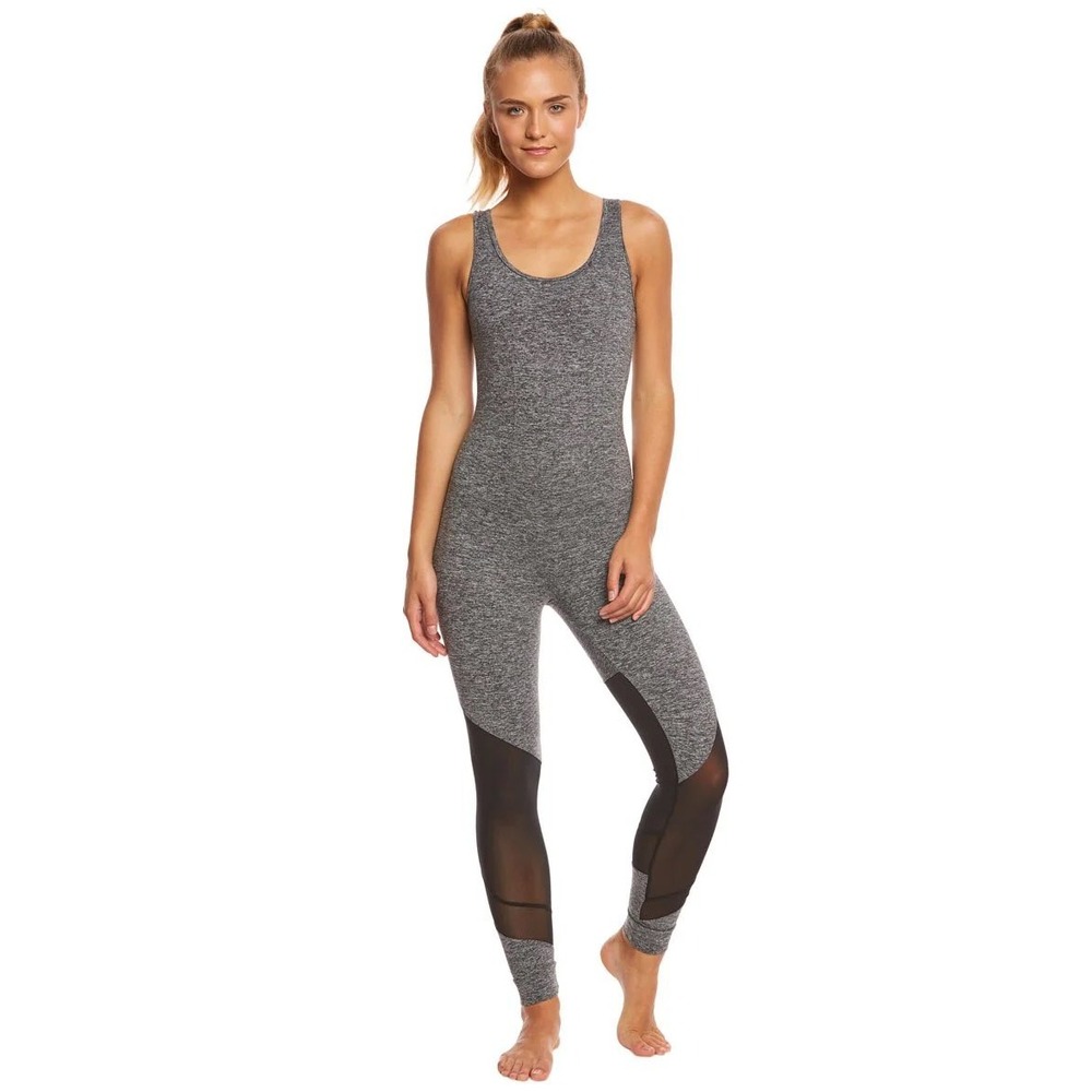 Koral Vector Jumpsuit Heather Grey Black Mesh Yoga Activewear Bodysuit L